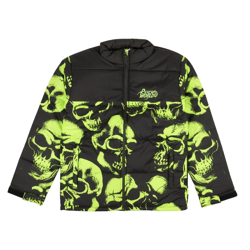 95-PSY-0006/S Skull_Puffer_Black/Lime Black/Lime PSYCHWORLD Skull Print Puffer