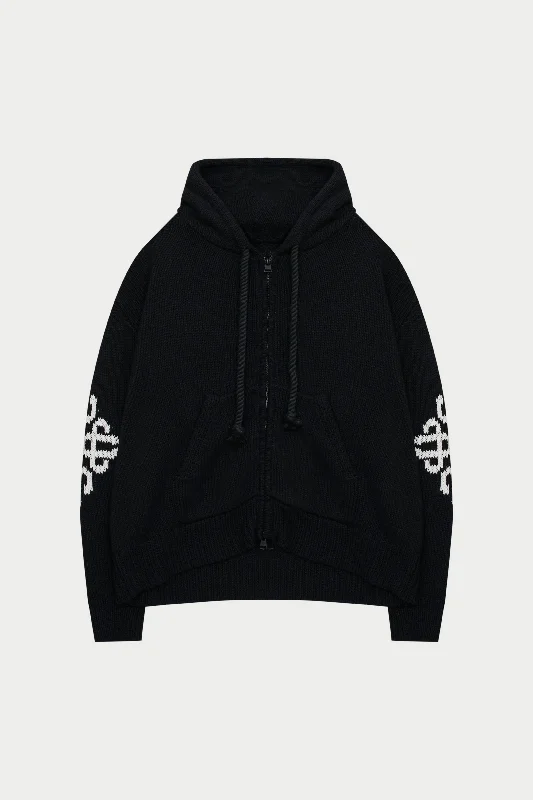 CHUNKY KNIT EMBLEM ZIP THROUGH HOODIE - BLACK