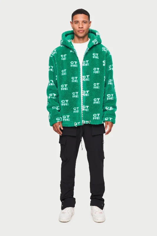 CTRE FUR LOGO OVERSIZED HOODED JACKET - GREEN