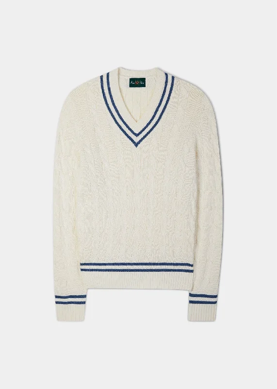 Sandridge Cable Knit Cricket Jumper In Ecru & Airforce