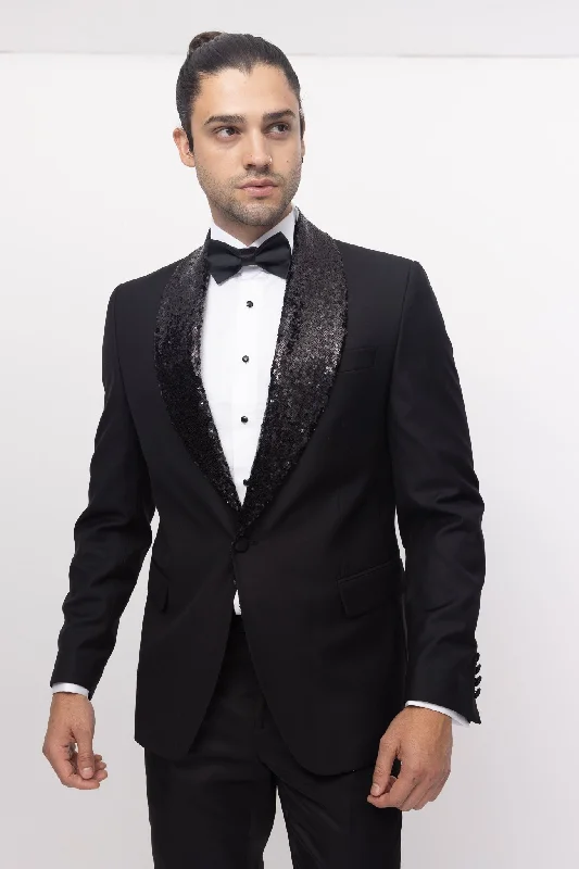 Winston Sequin Shawl Lapel Tuxedo Jacket - Black