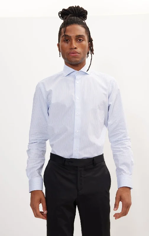 Pure Cotton French Placket Spread Collar Dress Shirt - White Blue Bengal Stripes