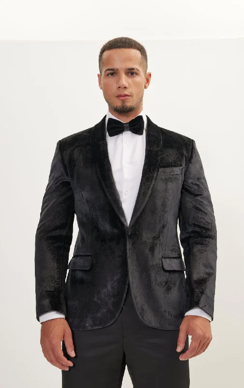 Snake Pattern Italian Cotton Velvet Tuxedo Jacket - Black