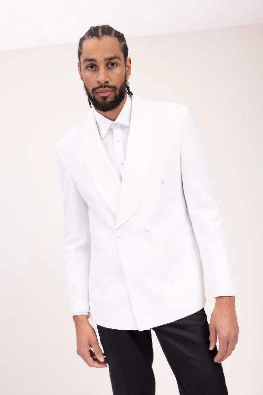 Raised Armor Texture Double Brested Tuxedo Jacket - White