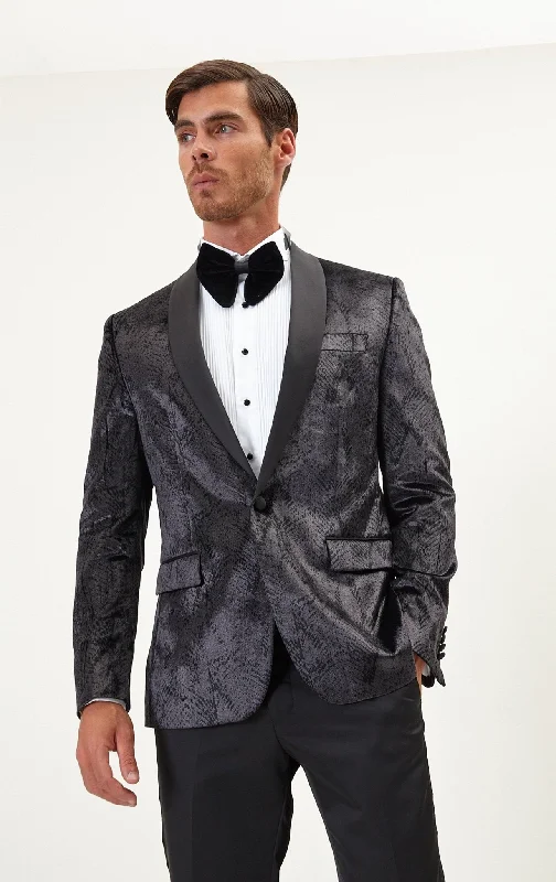 Snakeskin Pattern Cotton Velvet Tuxedo Jacket - Black