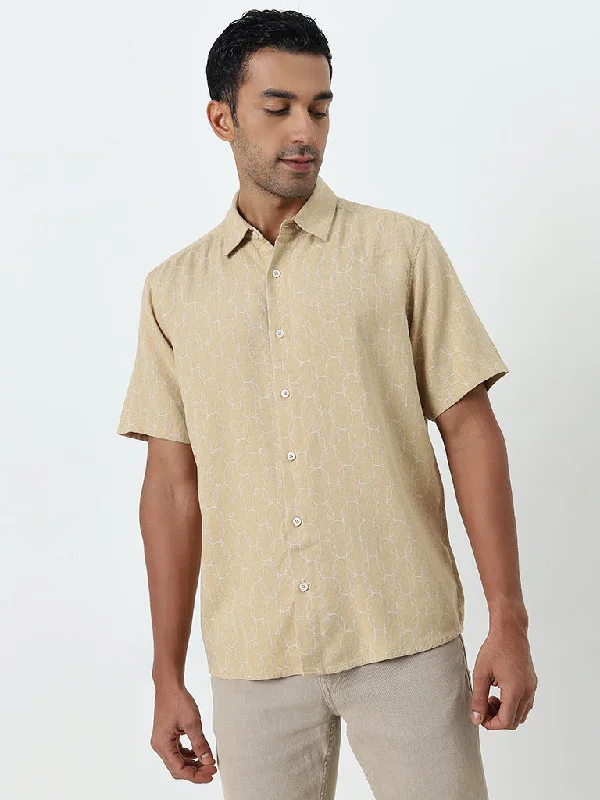 Ascot Beige Abstract Print Relaxed-Fit Blended Linen Shirt