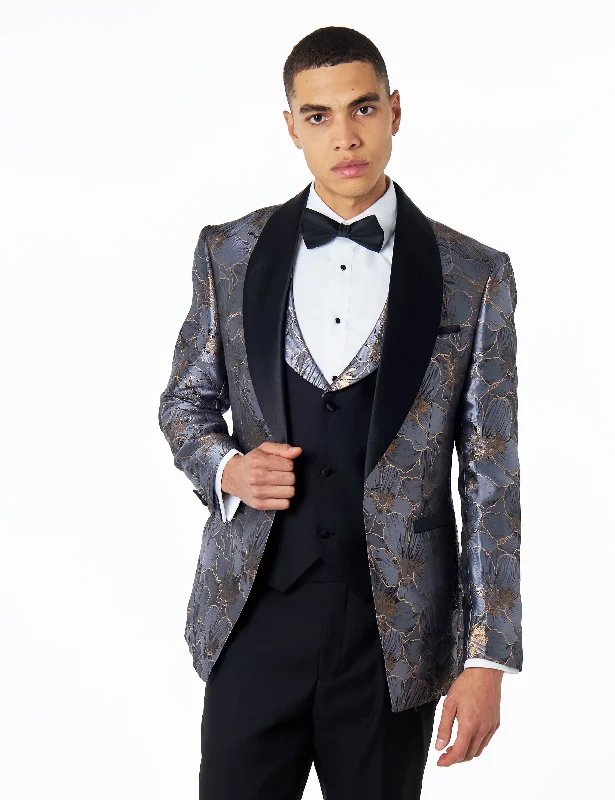 JASON - GREY BLUE FLORAL PRINTED PARTY TUXEDO JACKET