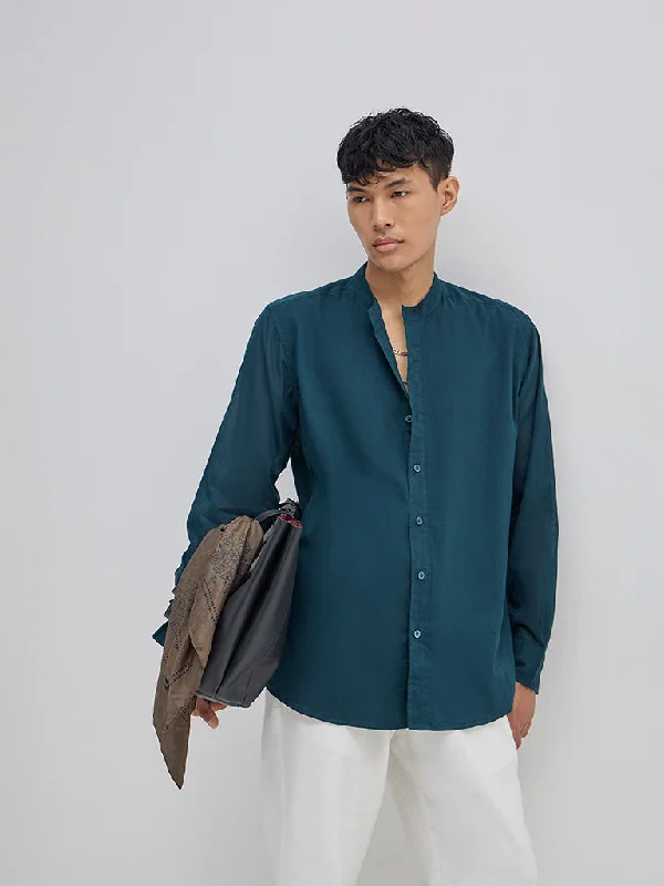 ETA Emerald Green Solid Relaxed-Fit Cotton Shirt