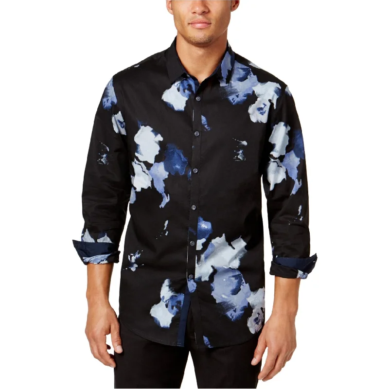 I-N-C Mens Abstract Floral Button Up Shirt, Blue, Medium