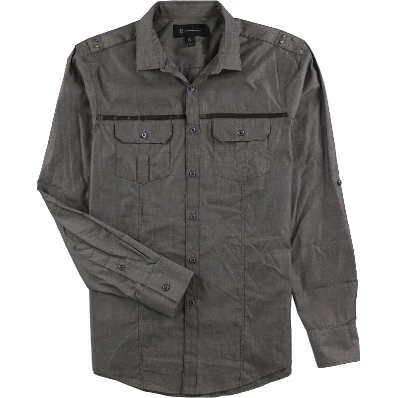 I-N-C Mens Non-leather trim Button Up Shirt, Grey, Small