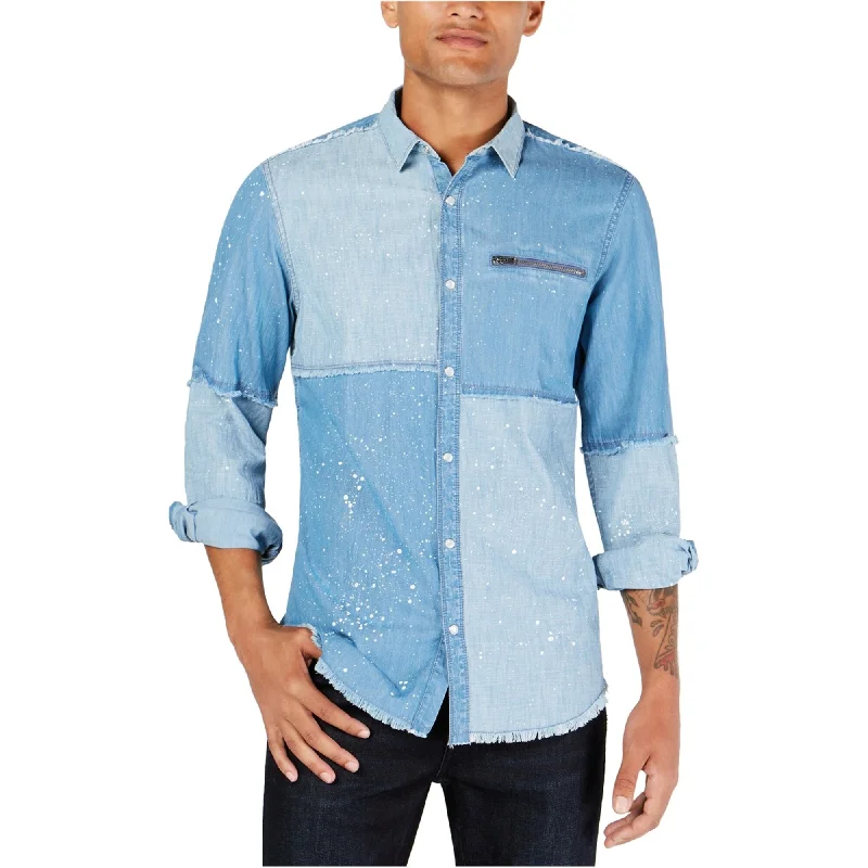 I-N-C Mens Paint Spatter Button Up Shirt, Blue, Medium