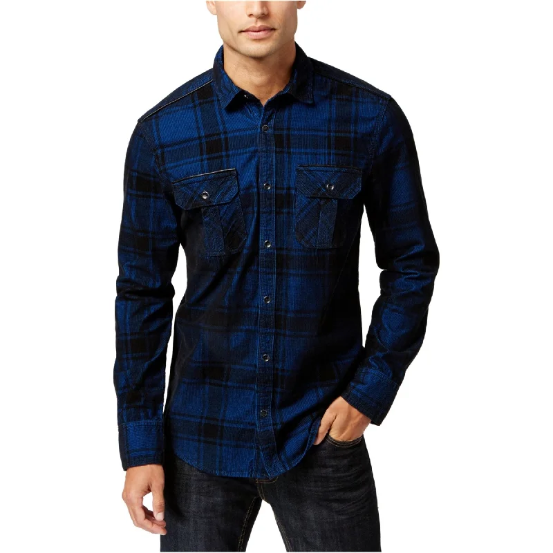 I-N-C Mens Plaid Button Up Shirt, Blue, Small