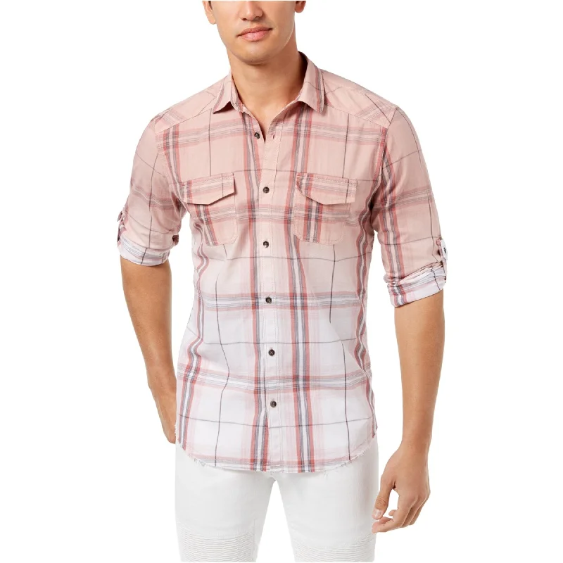 I-N-C Mens Plaid Button Up Shirt, Pink, Medium