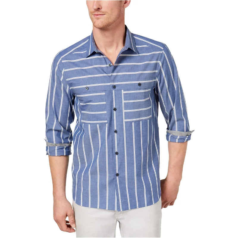 Kenneth Cole Mens Wide Stripe Button Up Shirt, Blue, Small