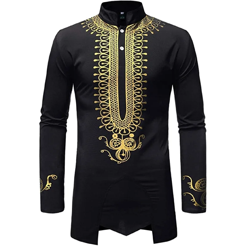 Luc Matton Mens Traditional Dashiki Henley Shirt, Black, Large