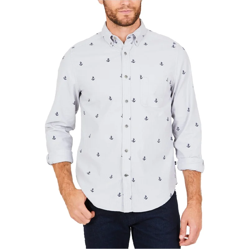 Nautica Mens Anchor Print Button Up Shirt, Grey, X-Large