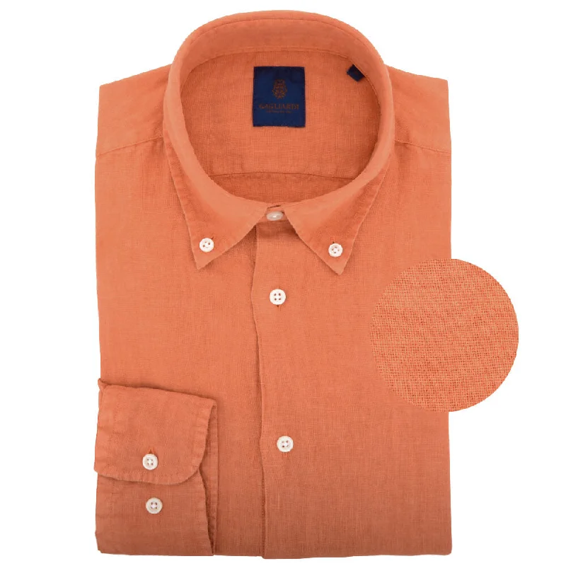 Slim Fit Orange Linen Garment Dyed Shirt