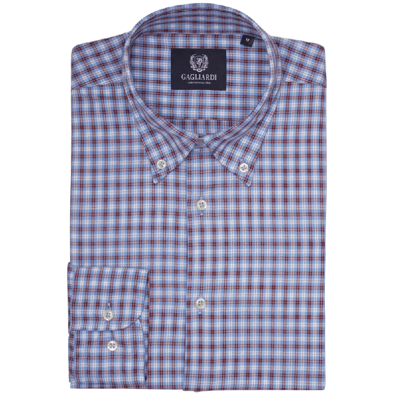 Sky With Raspberry & White Overcheck Checked Tailored Fit Buttondown Collar Shirt