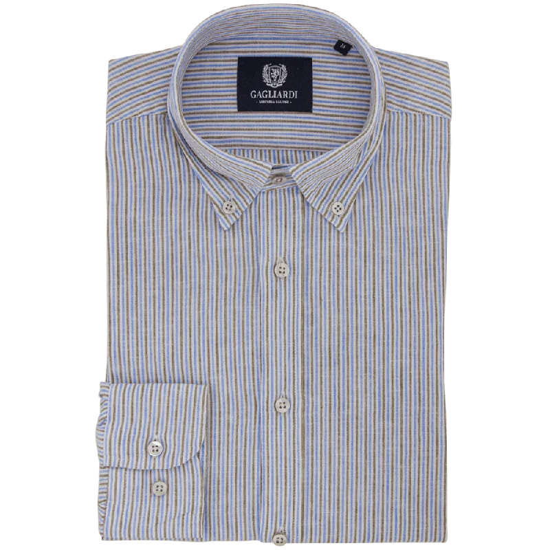 Stone with Brown & Blue Stripe Weekend Linen Shirt