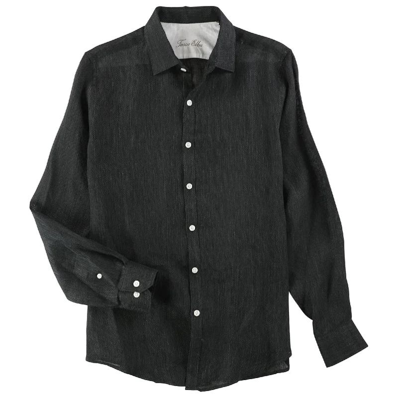 Tasso Elba Mens Textured Linen Button Up Shirt, Black, Large