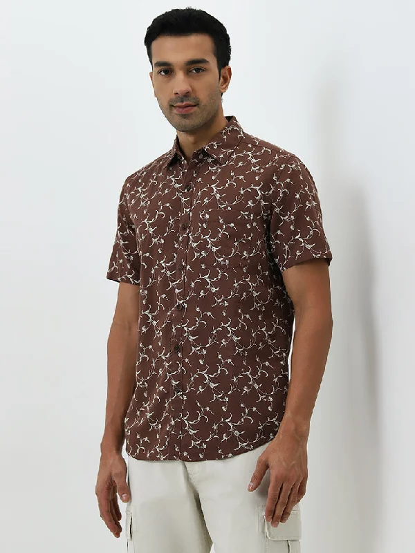 WES Casuals Brown Floral Slim Fit Shirt