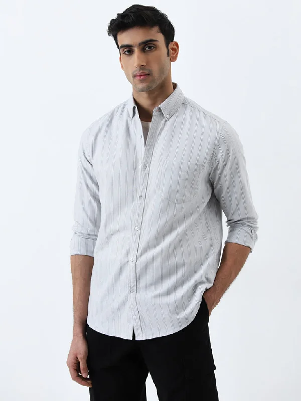 WES Casuals Light Grey Striped Slim-Fit Cotton Shirt