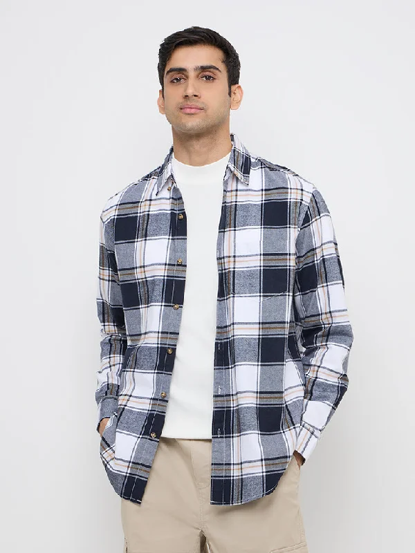 WES Casuals Navy Checks Printed Relaxed-Fit Cotton Shirt