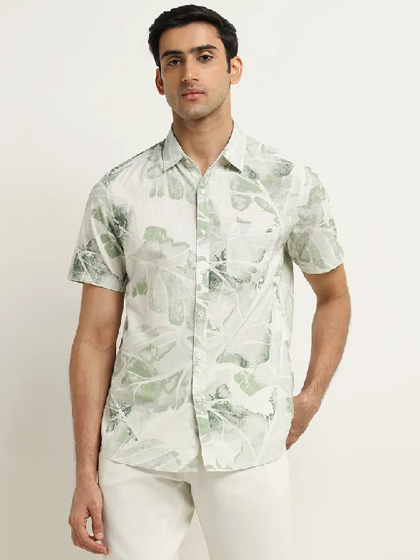 WES Casuals Sage Leaf Printed Slim-Fit Cotton Shirt