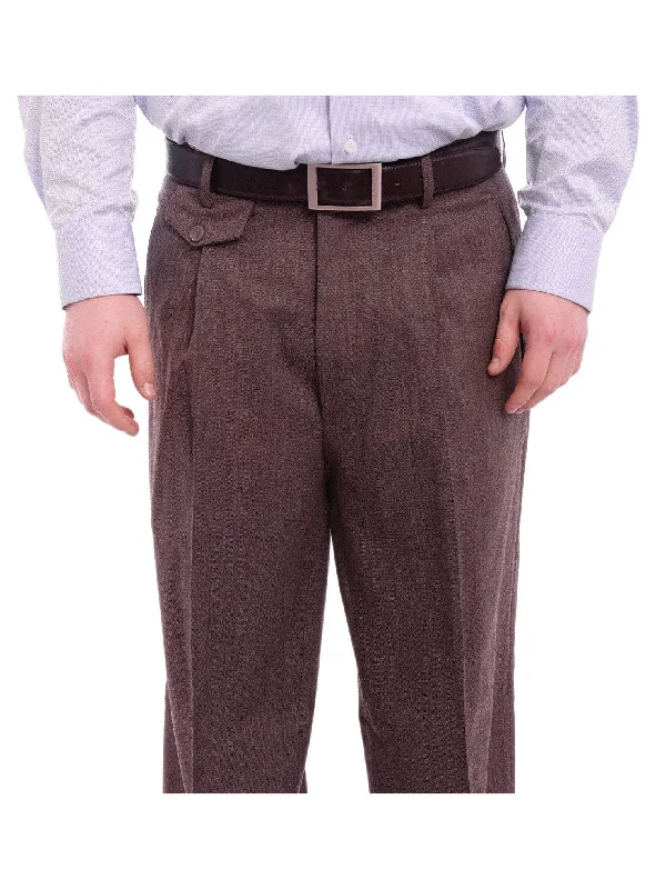 Apollo King Classic Fit Brown Herringbone Pleated Wide Leg Wool Dress Pants