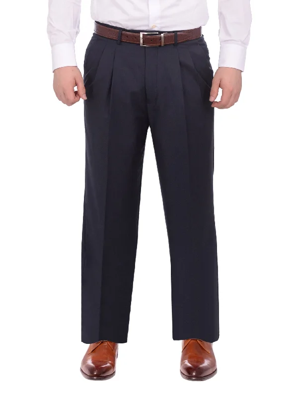 Armanno Uomo Regular Fit Solid Navy Blue Double Pleated Unhemmed Dress Pants