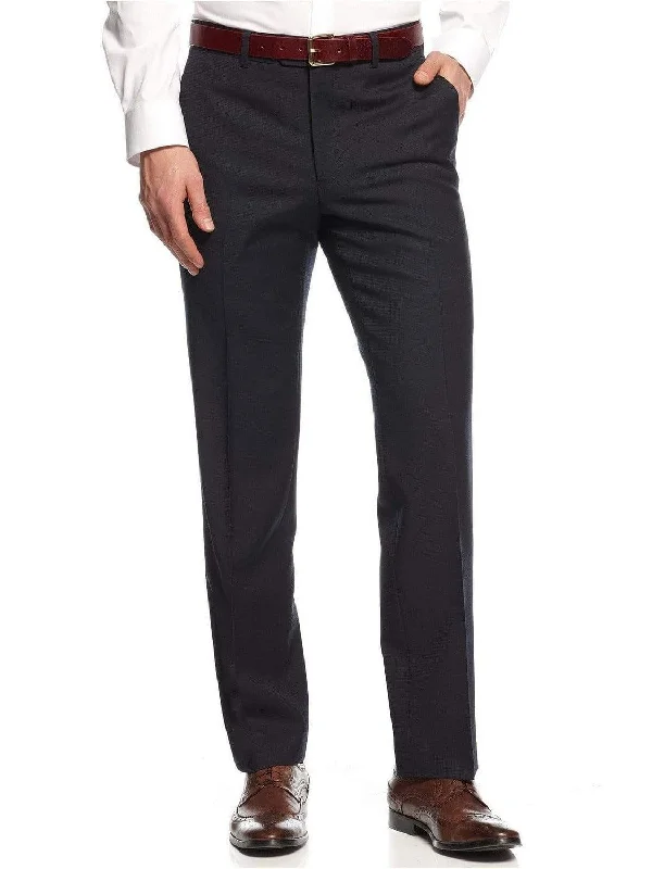 Bar III Slim Fit Navy Blue Check Flat Front Wool Blend Dress Pants