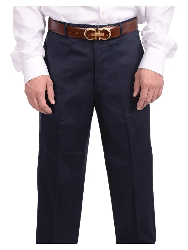 Bloomindales Classic Fit Solid Navy Blue Flat Front Cotton Dress Pants