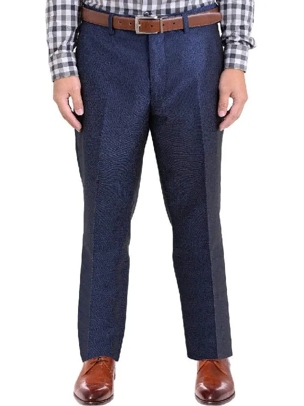 Ideal Slim Fit Navy Blue Pindot With Subtle Sheen Flat Front Wool Dress Pants