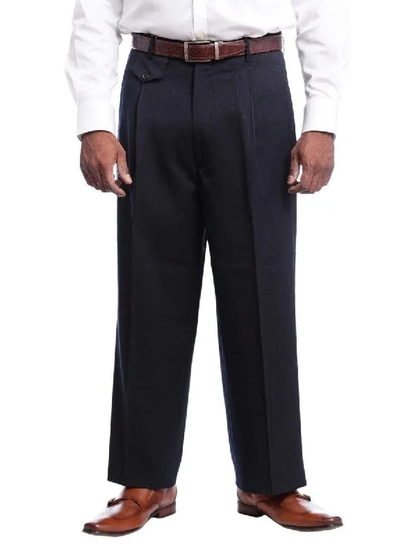 Mens Black Diamond Classic Fit Solid Navy Blue Pleated Wool Dress Pants