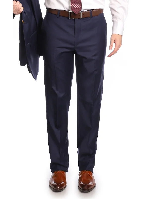 Mens Classic Fit Solid Navy Blue Flat Front Wool Dress Pants