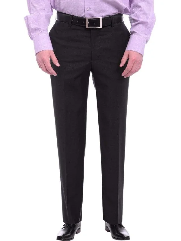 Mens Napoli Slim Fit Solid Black Flat Front Wool Dress Pants