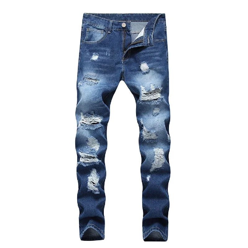 YFFUSHI Mens Ripped Washed Jeans Skinny Straight Fit Distressed Holes Comfy Denim Pants Blue