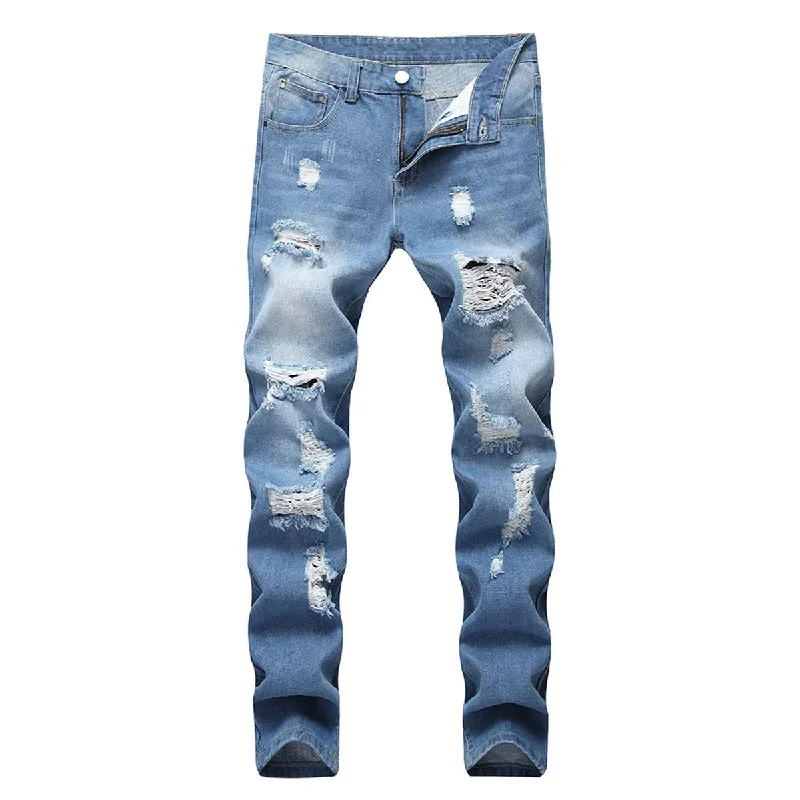 YFFUSHI Mens Ripped Washed Jeans Skinny Straight Fit Distressed Holes Comfy Denim Pants Light Blue