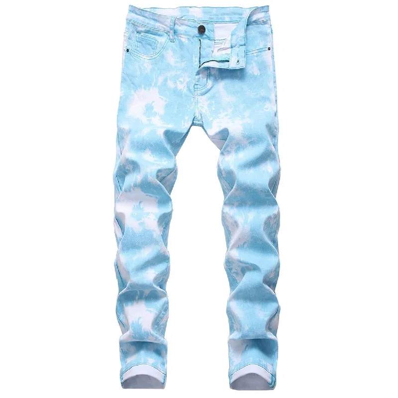 YFFUSHI Men's Clasic Straight Leg Ripped Distressed Stretch Jeans Pants Light Blue