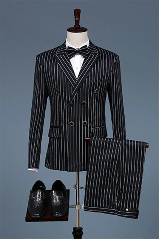 Black Double Breasted Striped Business Suits with Peaked Lapel Two Pieces Prom Suits