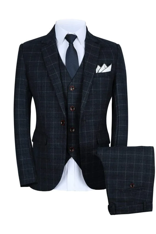 Black Notched Lapel Three Pieces Plaid Men Business Suits Formal Wedding Grooms Suits