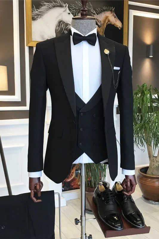 Black Peaked Lapel Three Pieces Business Suits Slim Fit Wedding Suits