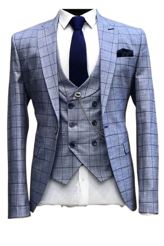 Blue Peaked Lapel Plaid Business Suits Three Pieces Tuxedos Wedding Suits