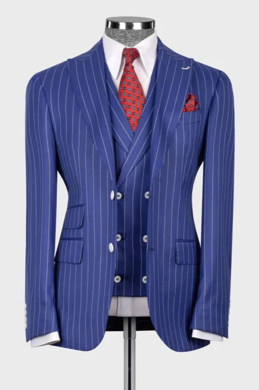 Blue Striped Peaked Lapel Three Pieces Busines Suits Formal Prom Suits