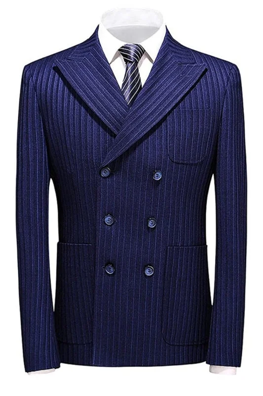 Chic Blue Double Breasted Striped Business Suits with Peaked Lapel Wedding Suits Two Pieces Tuxedos