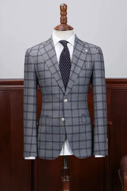 Chic Gray Plaid Notched Lapel Business Suits Two Pieces Wedding Suits