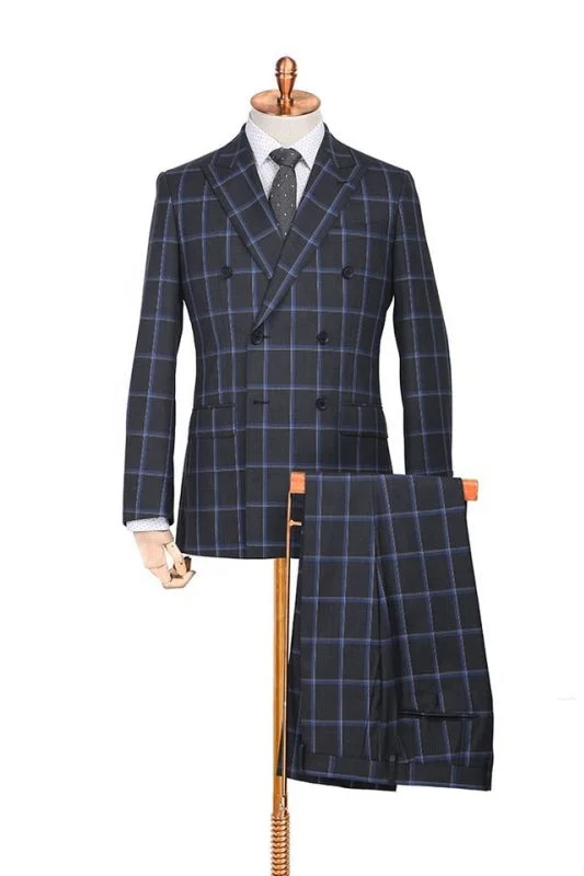 Classic Black Plaid Peaked Lapel Two Pieces Business Suits Double Breasted Wedding Suits