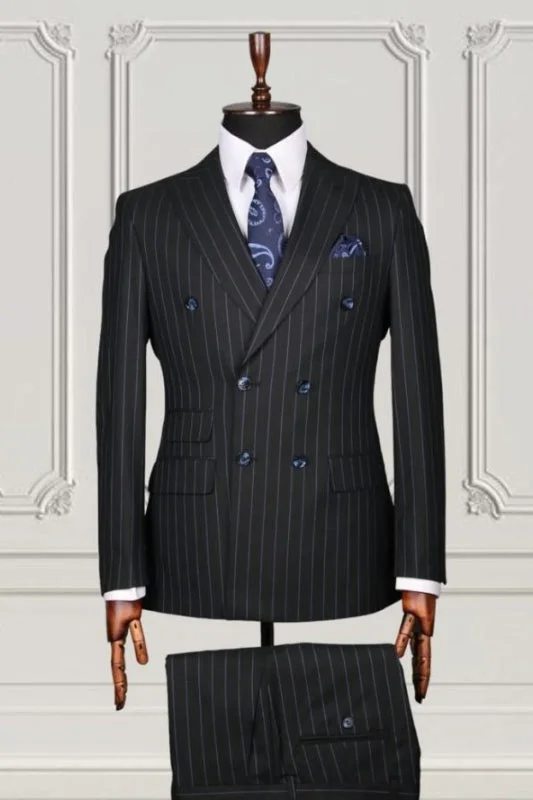 Classic Striped Peaked Lapel Double Breasted Black Business Suits Two Pieces Jacket Pants