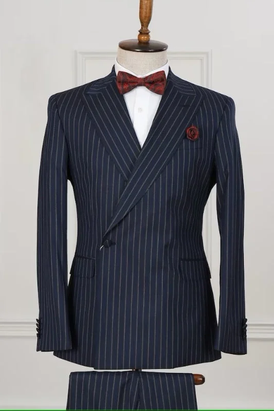 Dark Navy Peaked Lapel Striped Formal Business Suits Two Pieces Prom Suits Blazer Pants