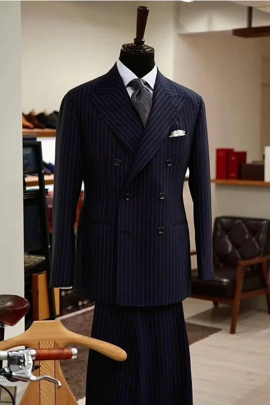 Formal Black Striped Peaked Lapel Business Suits with Double Breasted Wedding Suits